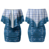 Blue Hawaii Paniolo Quilt Motif Family Matching Off Shoulder Short Dress and Hawaiian Shirt
