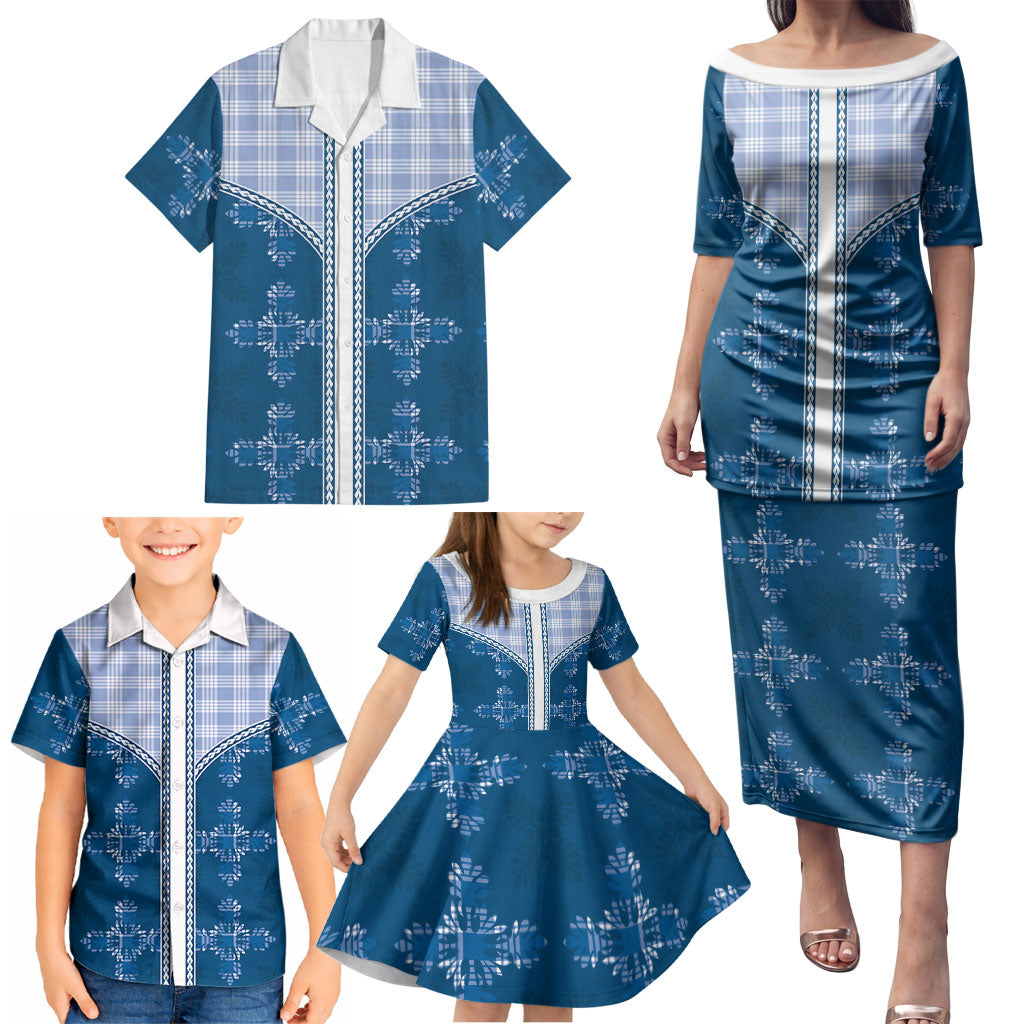 Blue Hawaii Paniolo Quilt Motif Family Matching Puletasi and Hawaiian Shirt
