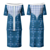 Blue Hawaii Paniolo Quilt Motif Family Matching Puletasi and Hawaiian Shirt