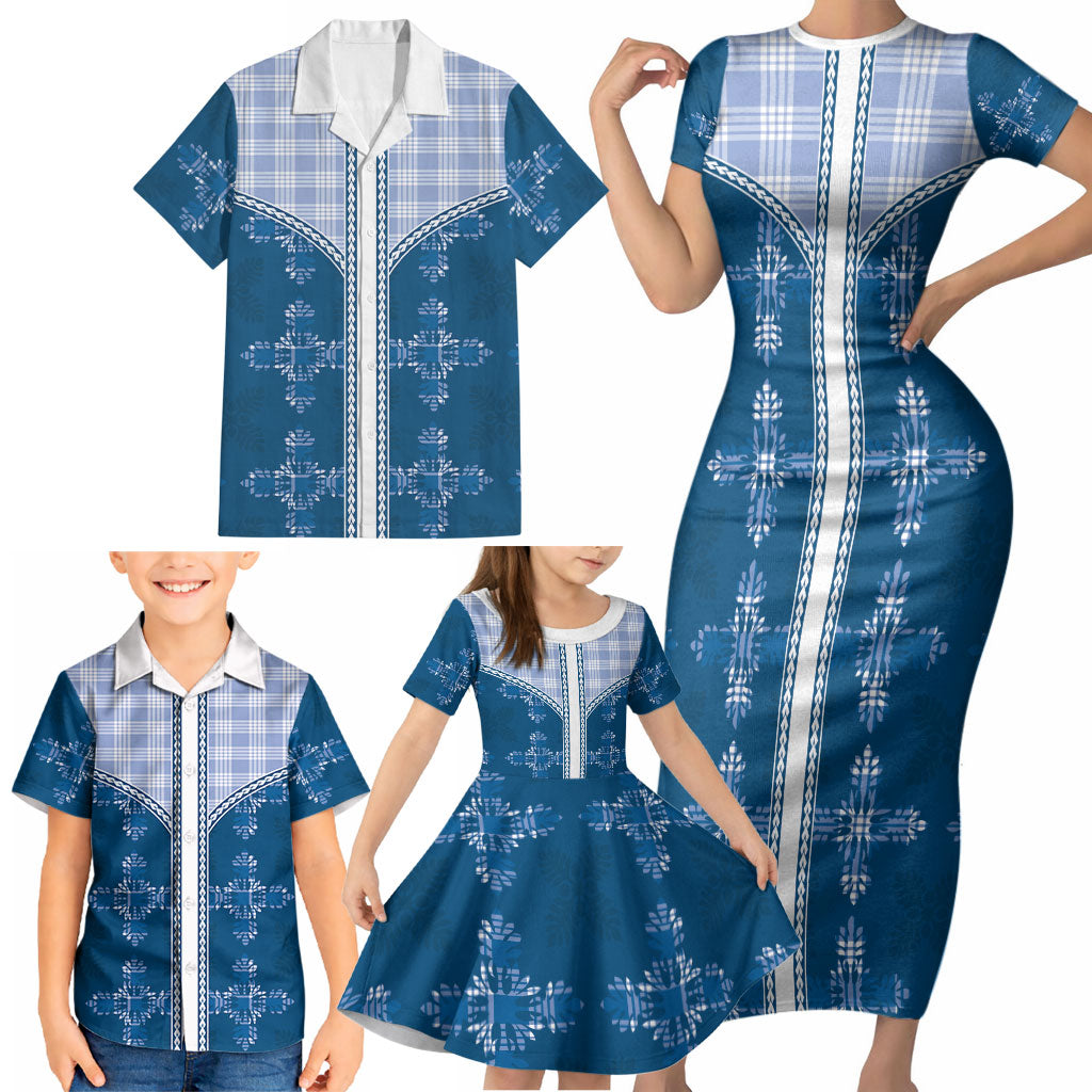 Blue Hawaii Paniolo Quilt Motif Family Matching Short Sleeve Bodycon Dress and Hawaiian Shirt