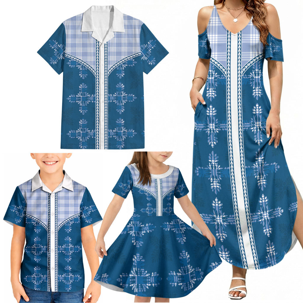 Blue Hawaii Paniolo Quilt Motif Family Matching Summer Maxi Dress and Hawaiian Shirt