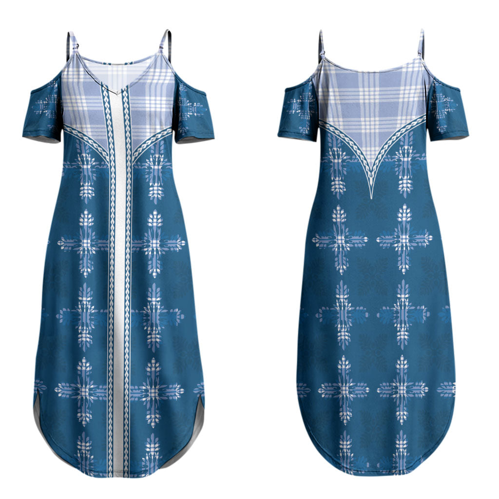 Blue Hawaii Paniolo Quilt Motif Family Matching Summer Maxi Dress and Hawaiian Shirt