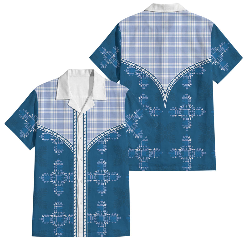 Blue Hawaii Paniolo Quilt Motif Family Matching Summer Maxi Dress and Hawaiian Shirt