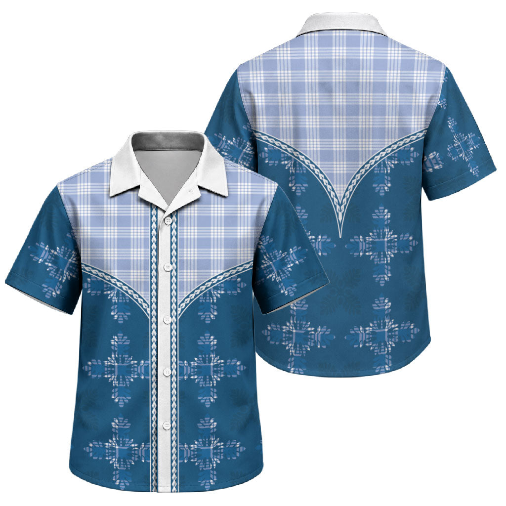 Blue Hawaii Paniolo Quilt Motif Family Matching Summer Maxi Dress and Hawaiian Shirt
