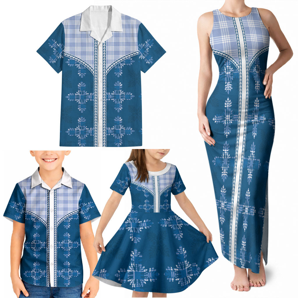 Blue Hawaii Paniolo Quilt Motif Family Matching Tank Maxi Dress and Hawaiian Shirt
