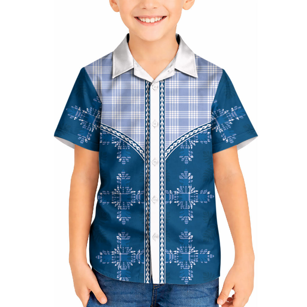 Blue Hawaii Paniolo Quilt Motif Kid Hawaiian Shirt