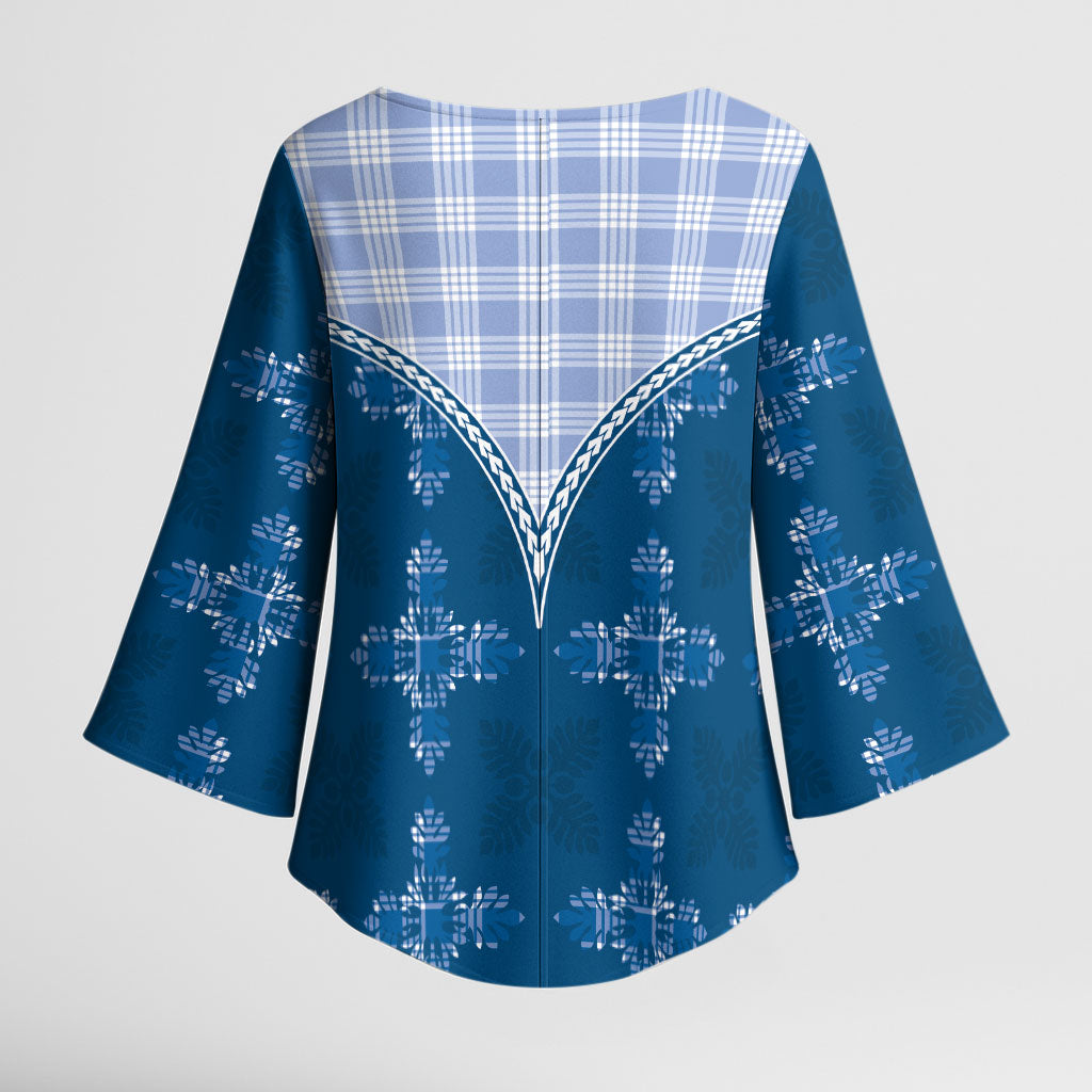 Blue Hawaii Paniolo Quilt Motif Kimono Sleeve Blouse