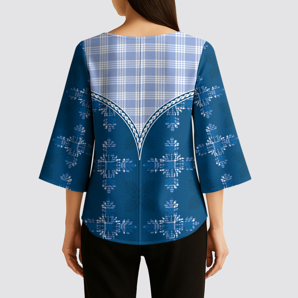 Blue Hawaii Paniolo Quilt Motif Kimono Sleeve Blouse