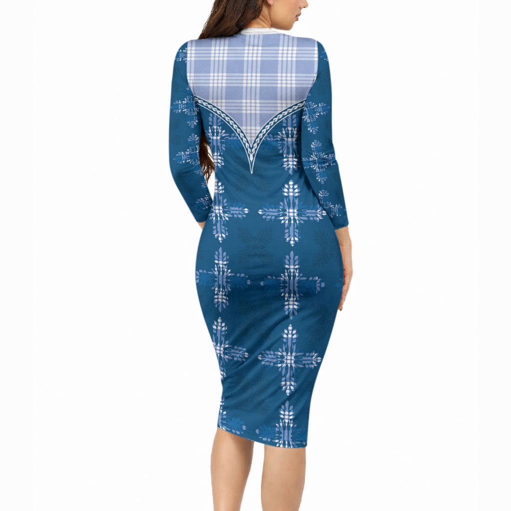 Blue Hawaii Paniolo Quilt Motif Long Sleeve Bodycon Dress