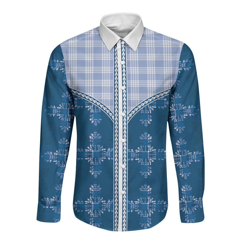 Blue Hawaii Paniolo Quilt Motif Long Sleeve Button Shirt