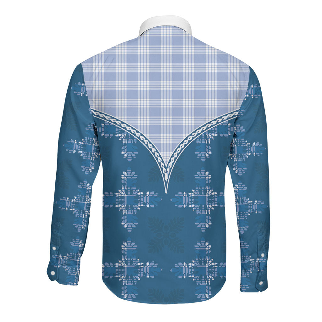 Blue Hawaii Paniolo Quilt Motif Long Sleeve Button Shirt
