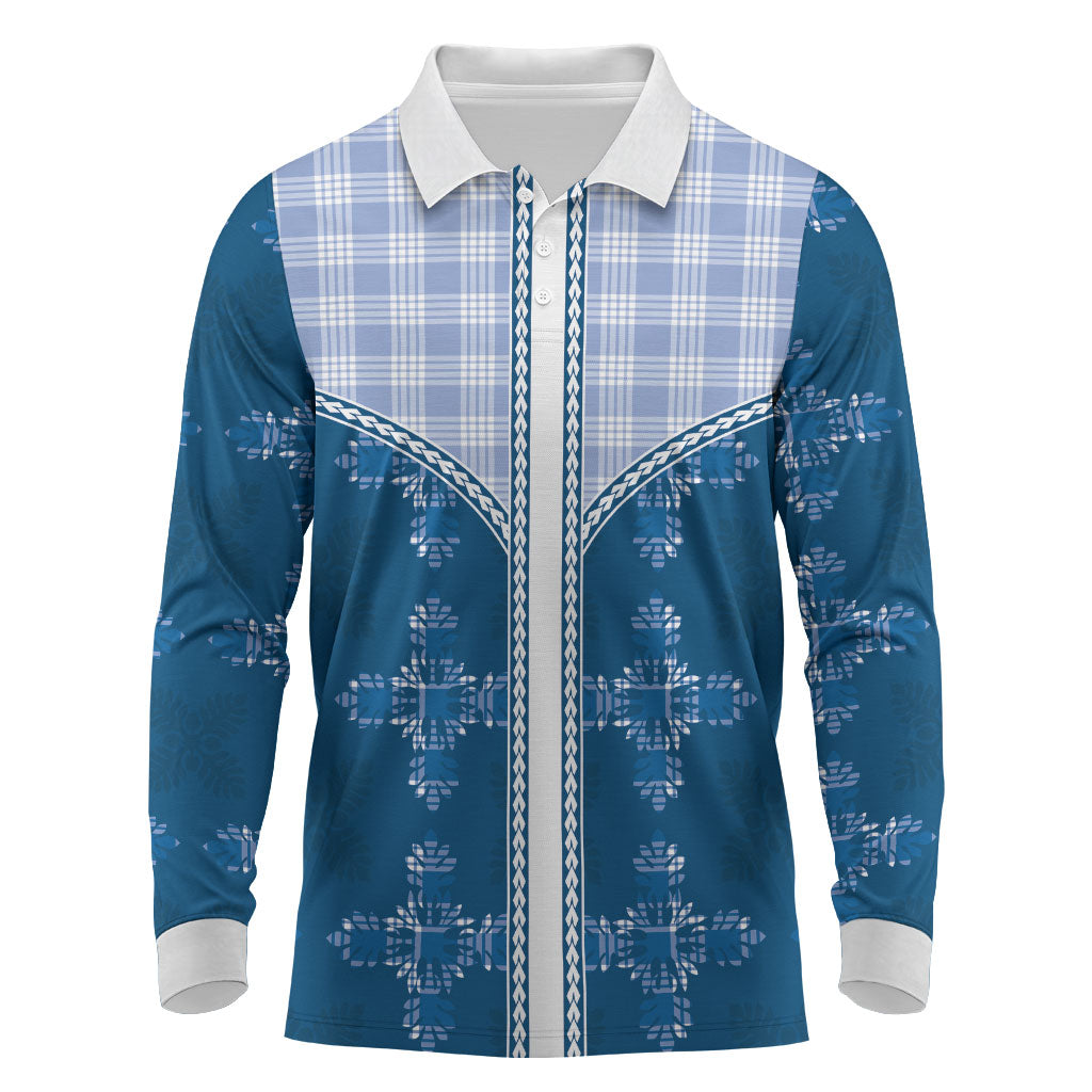 Blue Hawaii Paniolo Quilt Motif Long Sleeve Polo Shirt