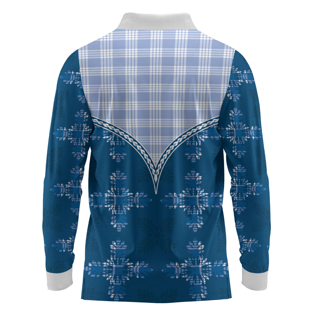 Blue Hawaii Paniolo Quilt Motif Long Sleeve Polo Shirt