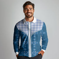 Blue Hawaii Paniolo Quilt Motif Long Sleeve Polo Shirt