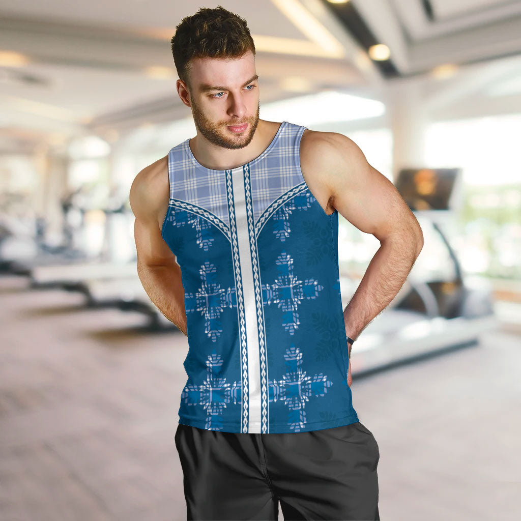 Blue Hawaii Paniolo Quilt Motif Men Tank Top LT05 Blue - Polynesian Pride