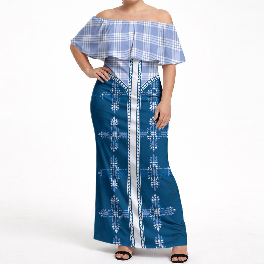 Blue Hawaii Paniolo Quilt Motif Off Shoulder Maxi Dress