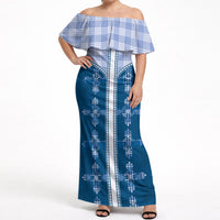Blue Hawaii Paniolo Quilt Motif Off Shoulder Maxi Dress