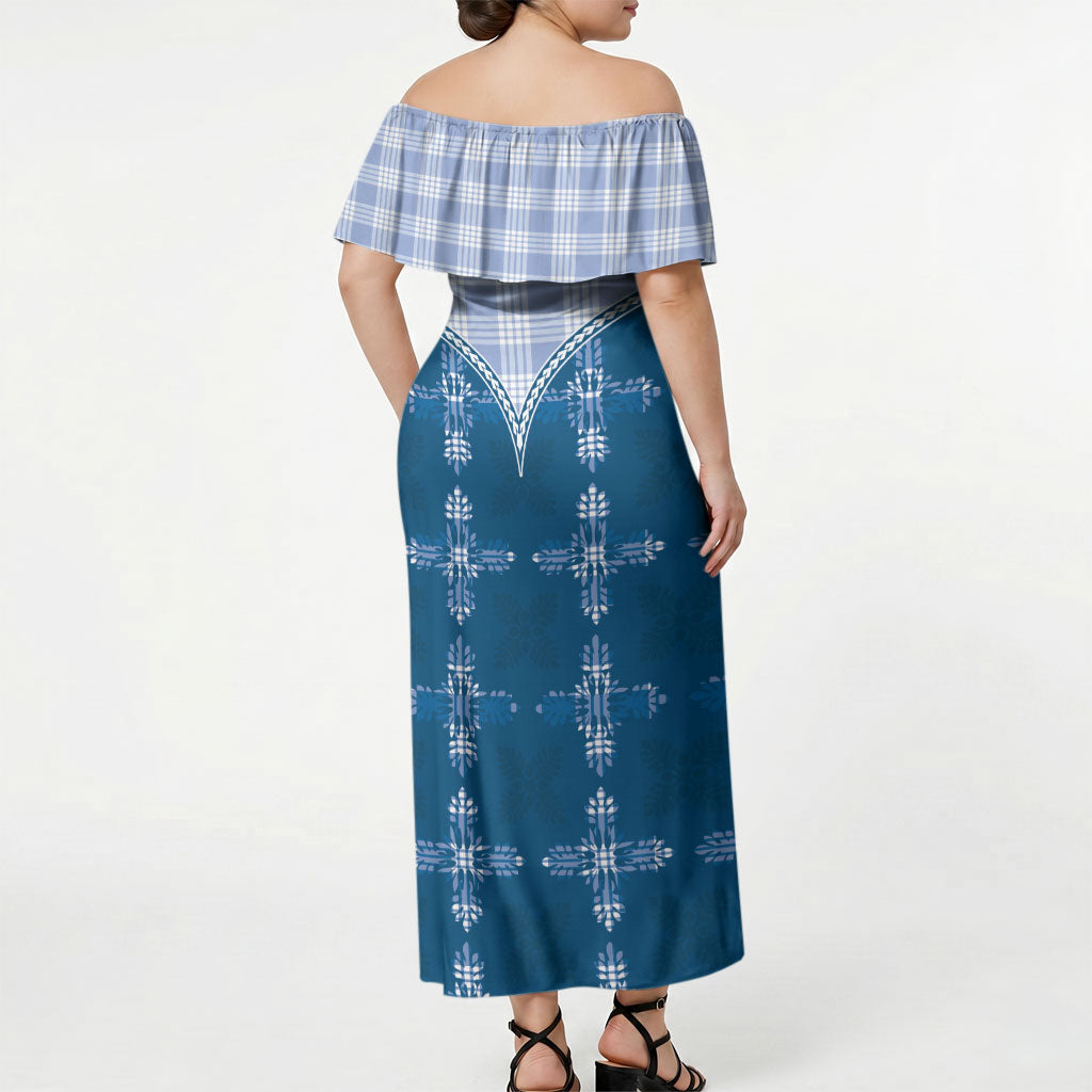 Blue Hawaii Paniolo Quilt Motif Off Shoulder Maxi Dress