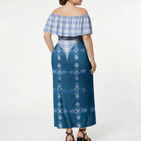Blue Hawaii Paniolo Quilt Motif Off Shoulder Maxi Dress