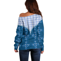 Blue Hawaii Paniolo Quilt Motif Off Shoulder Sweater