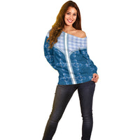 Blue Hawaii Paniolo Quilt Motif Off Shoulder Sweater