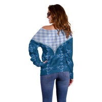 Blue Hawaii Paniolo Quilt Motif Off Shoulder Sweater