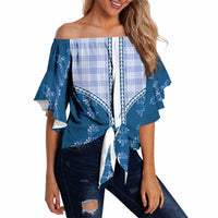 Blue Hawaii Paniolo Quilt Motif Off Shoulder Wrap Waist Top