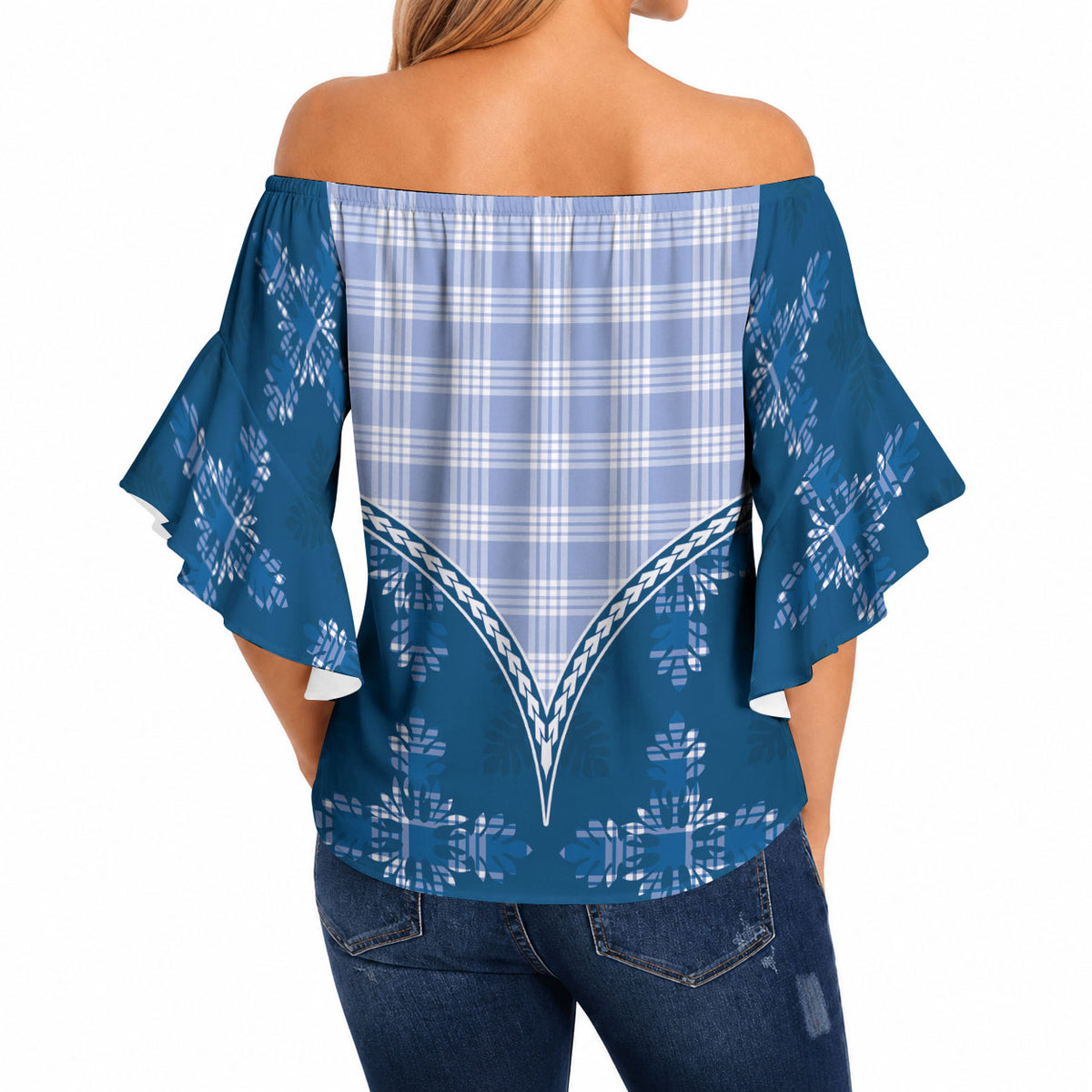 Blue Hawaii Paniolo Quilt Motif Off Shoulder Wrap Waist Top