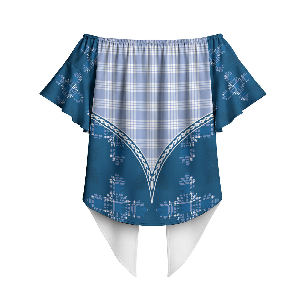 Blue Hawaii Paniolo Quilt Motif Off Shoulder Wrap Waist Top