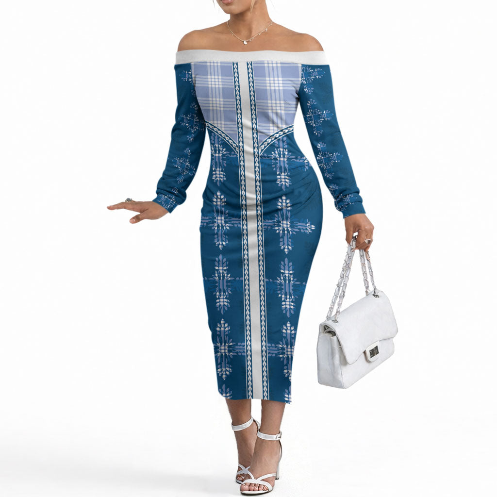 Blue Hawaii Paniolo Quilt Motif Off The Shoulder Long Sleeve Dress