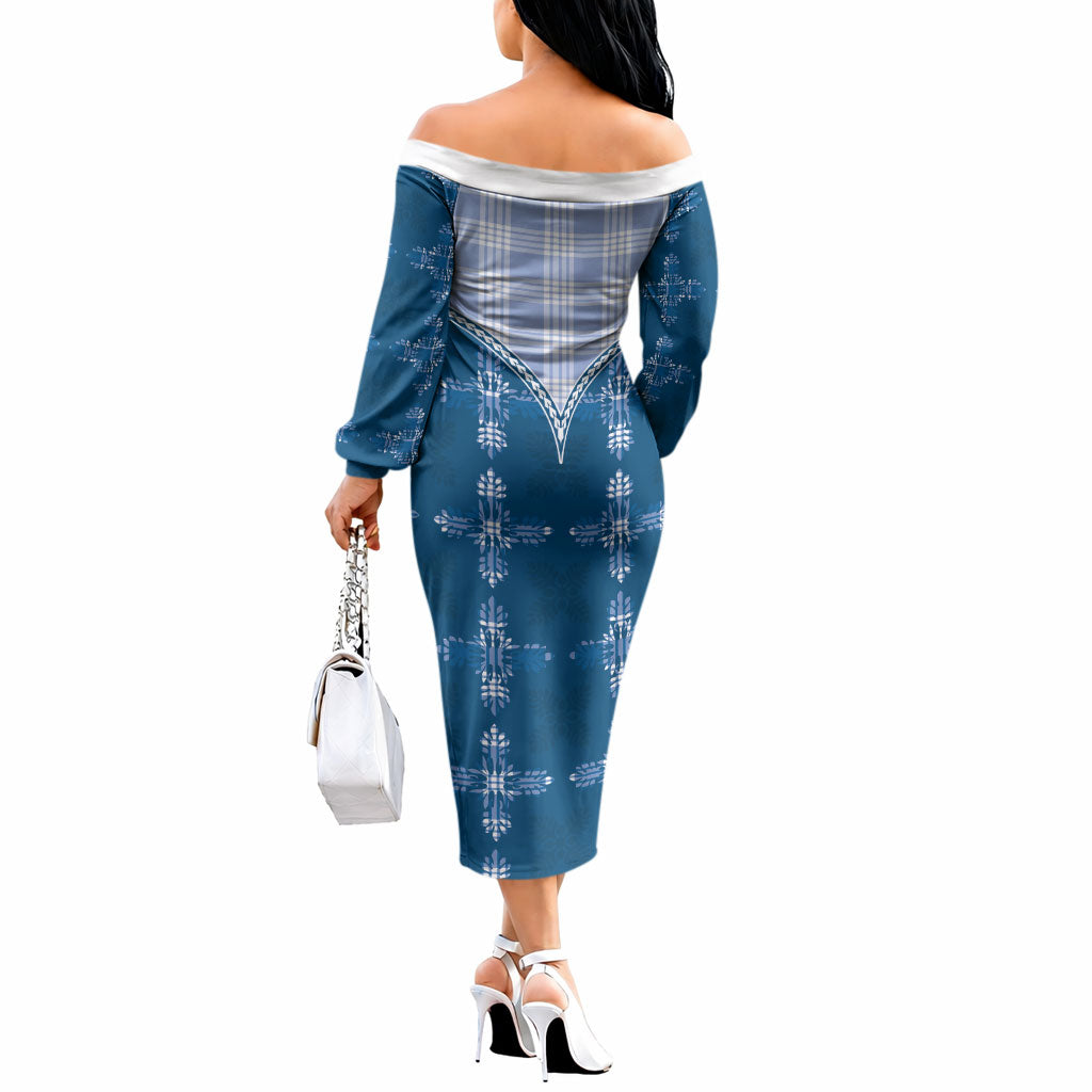 Blue Hawaii Paniolo Quilt Motif Off The Shoulder Long Sleeve Dress
