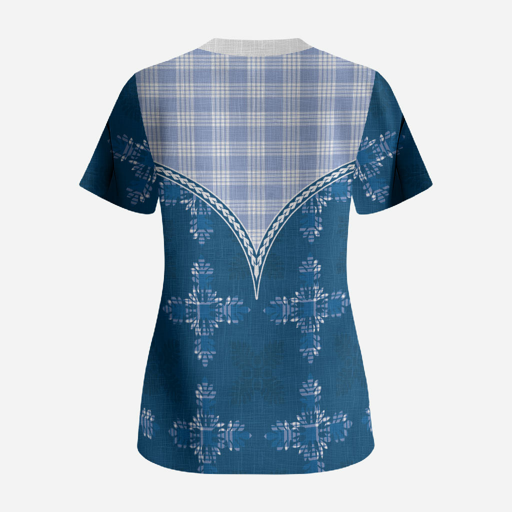 Blue Hawaii Paniolo Quilt Motif Scrub Top