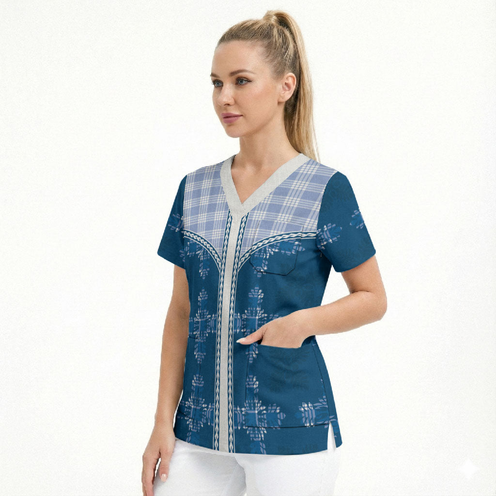 Blue Hawaii Paniolo Quilt Motif Scrub Top