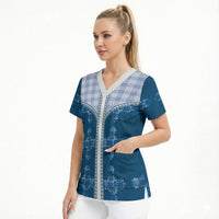 Blue Hawaii Paniolo Quilt Motif Scrub Top