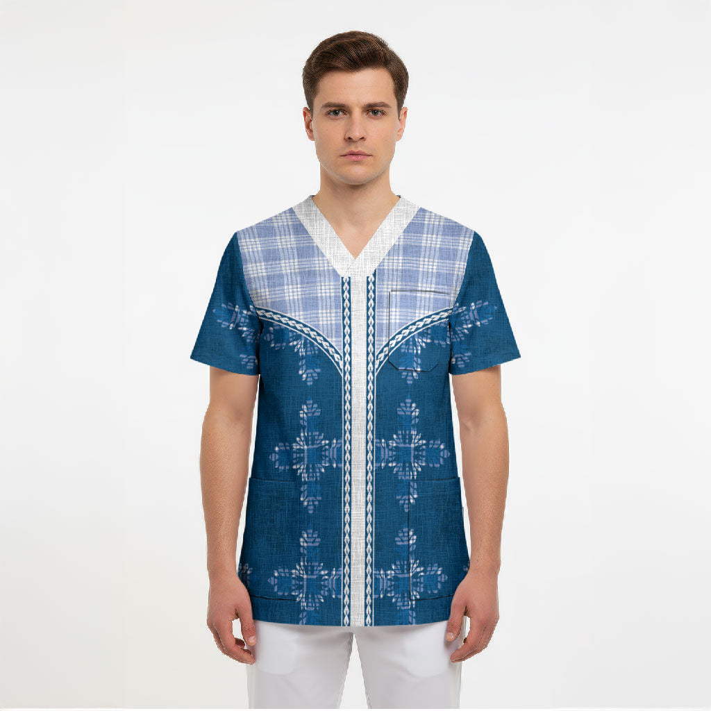 Blue Hawaii Paniolo Quilt Motif Scrub Top