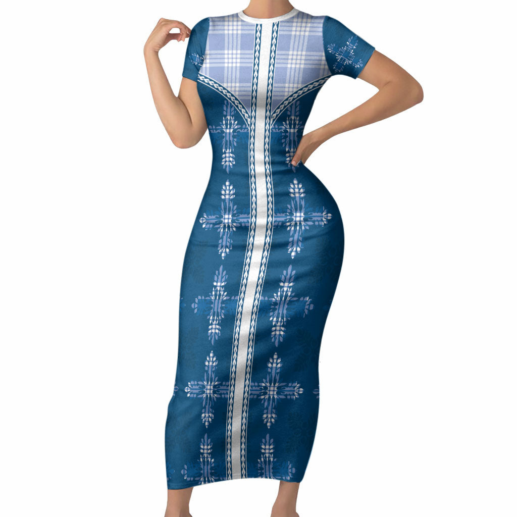 Blue Hawaii Paniolo Quilt Motif Short Sleeve Bodycon Dress