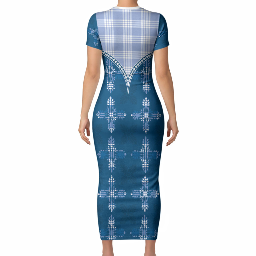 Blue Hawaii Paniolo Quilt Motif Short Sleeve Bodycon Dress