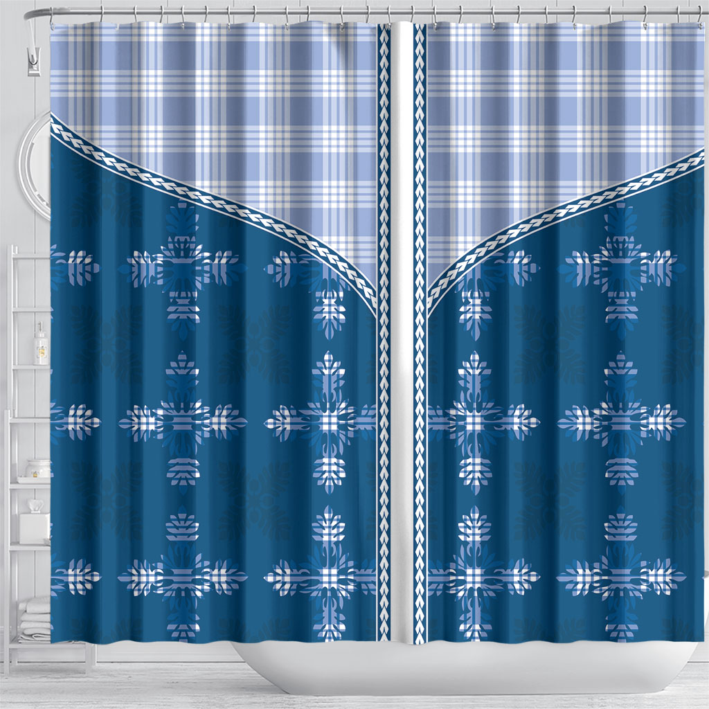 Blue Hawaii Paniolo Quilt Motif Shower Curtain