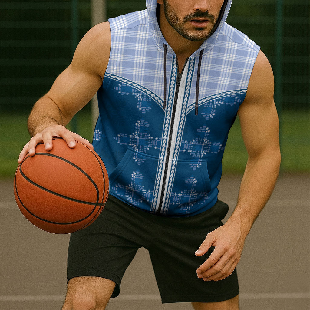 Blue Hawaii Paniolo Quilt Motif Sleeveless Zip Hoodie