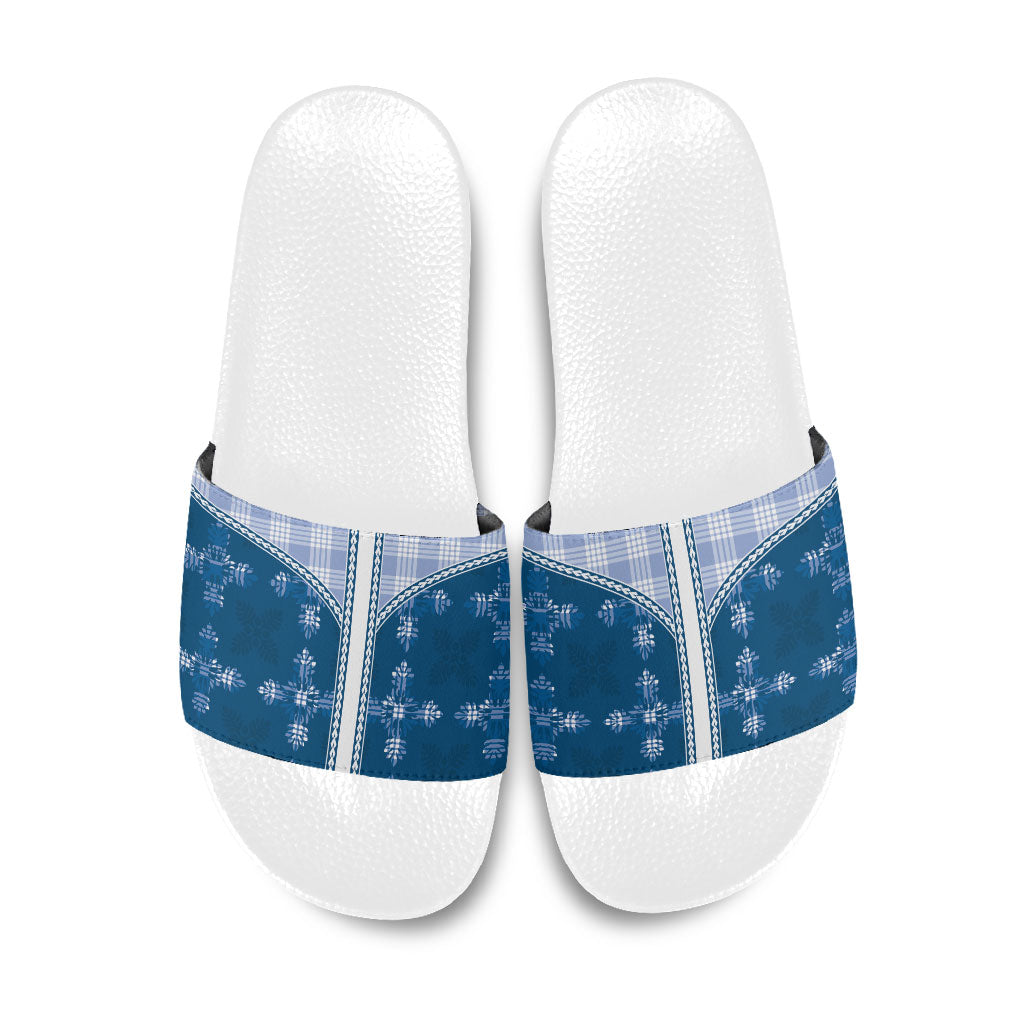 Blue Hawaii Paniolo Quilt Motif Slide Sandals