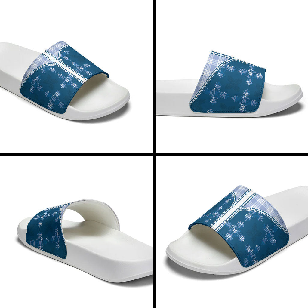 Blue Hawaii Paniolo Quilt Motif Slide Sandals