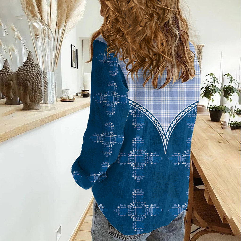 Blue Hawaii Paniolo Quilt Motif Women Casual Shirt
