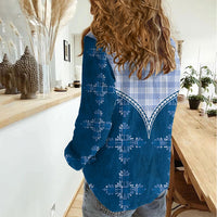 Blue Hawaii Paniolo Quilt Motif Women Casual Shirt