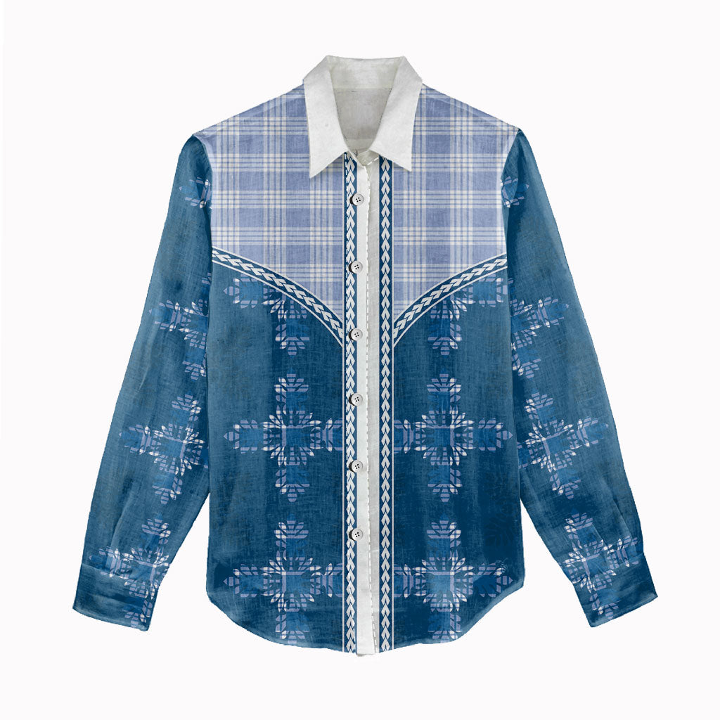 Blue Hawaii Paniolo Quilt Motif Women Casual Shirt