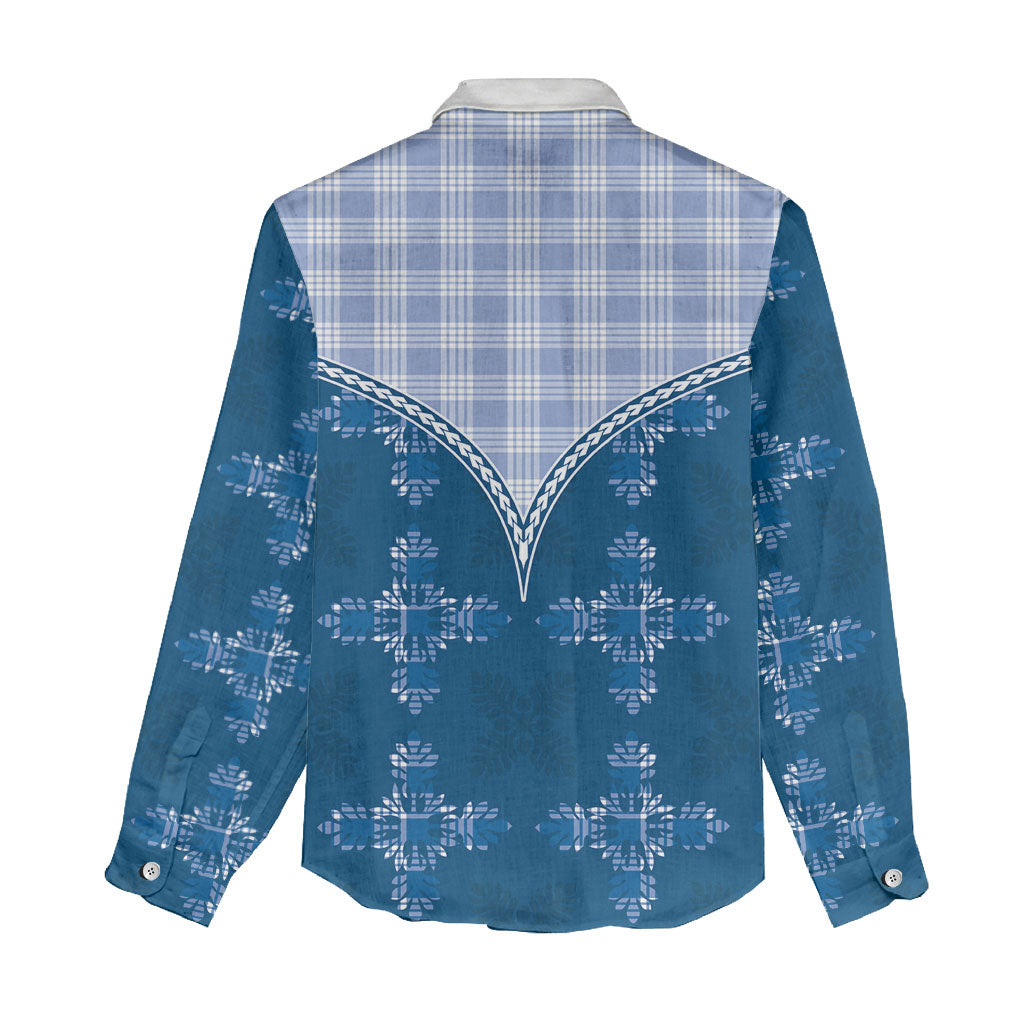 Blue Hawaii Paniolo Quilt Motif Women Casual Shirt