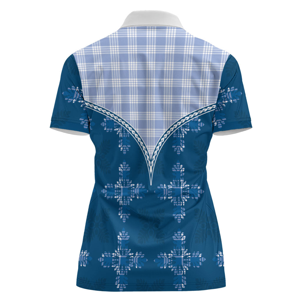 Blue Hawaii Paniolo Quilt Motif Women Polo Shirt