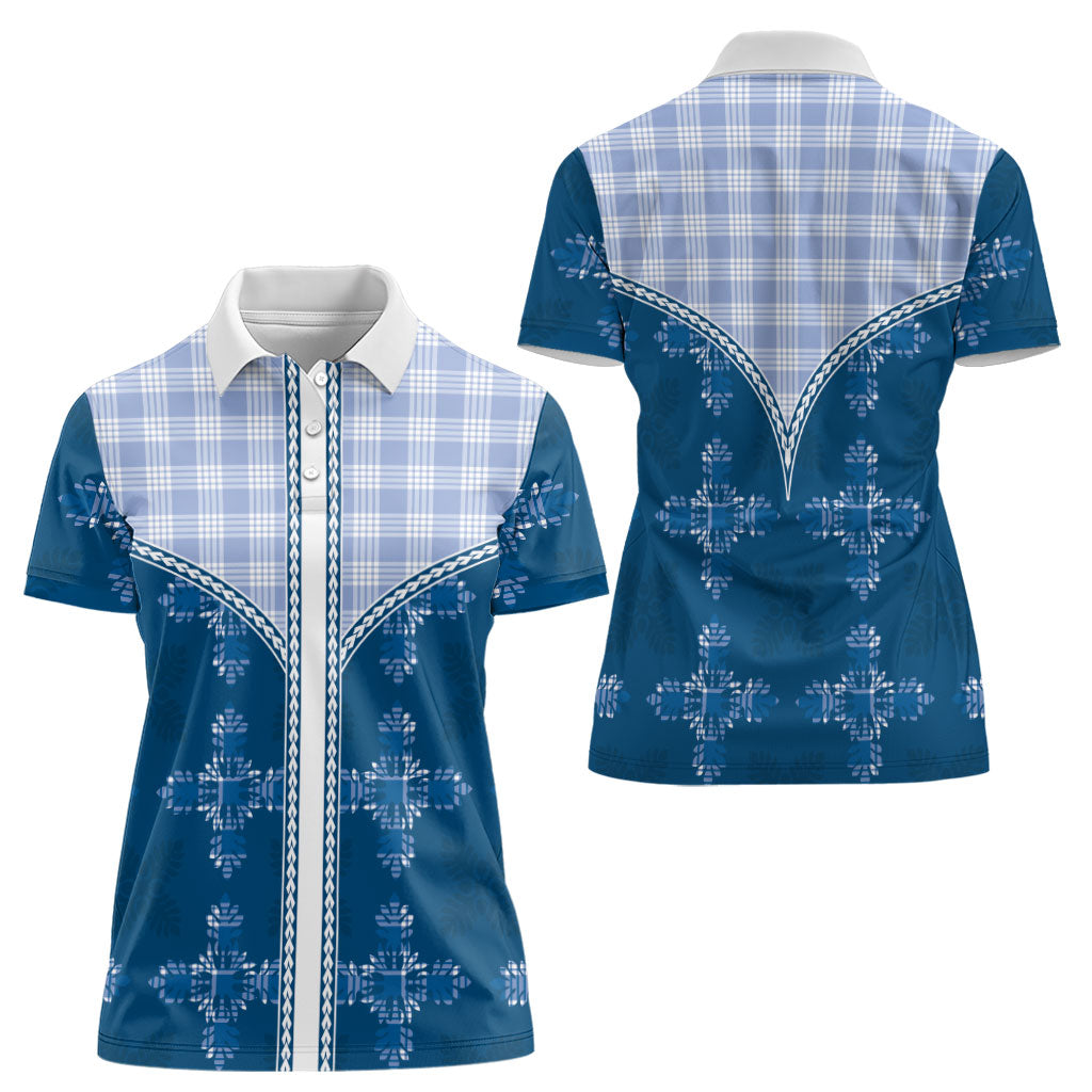 Blue Hawaii Paniolo Quilt Motif Women Polo Shirt