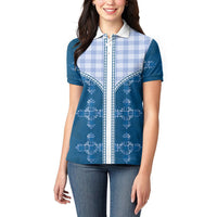Blue Hawaii Paniolo Quilt Motif Women Polo Shirt