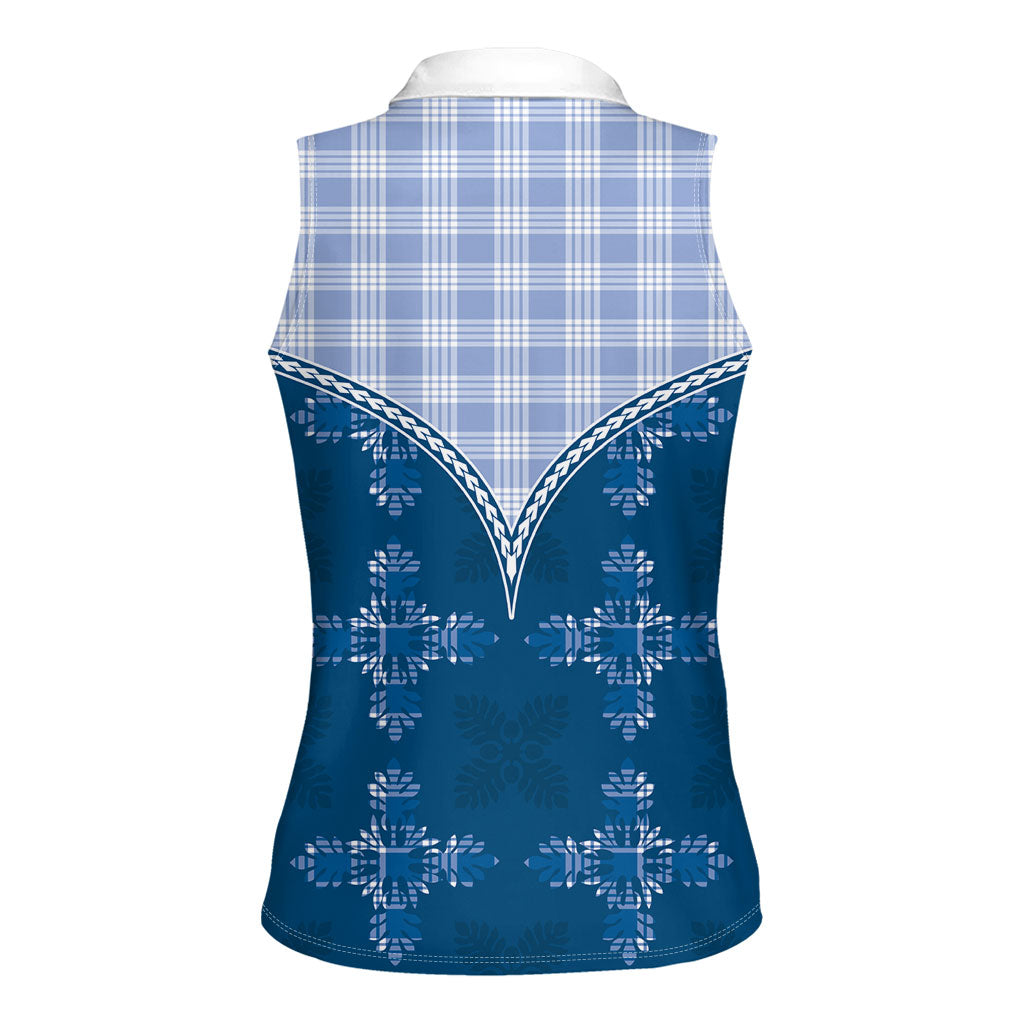 Blue Hawaii Paniolo Quilt Motif Women Sleeveless Polo Shirt