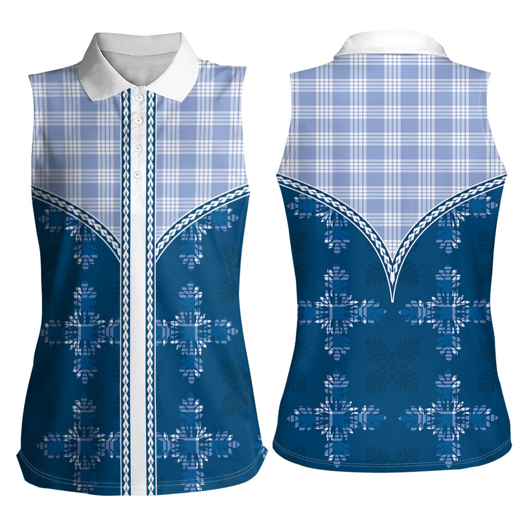 Blue Hawaii Paniolo Quilt Motif Women Sleeveless Polo Shirt